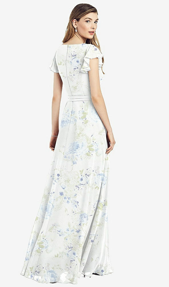 【STYLE: 6817】Flutter Sleeve Faux Wrap Chiffon Dress【COLOR: Bleu Garden】