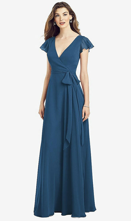 【STYLE: 6817】Flutter Sleeve Faux Wrap Chiffon Dress【COLOR: Dusk Blue】
