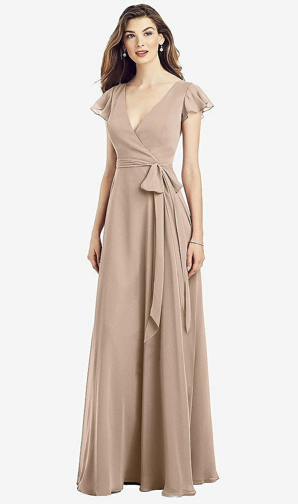 【STYLE: 6817】Flutter Sleeve Faux Wrap Chiffon Dress【COLOR: Topaz】