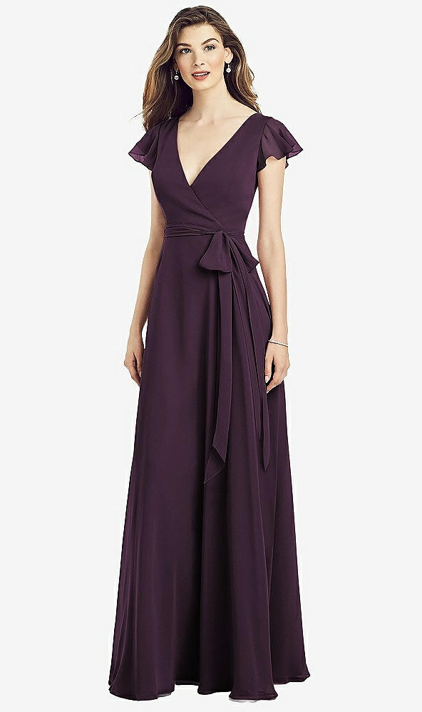 【NEW】【STYLE: 6817】フラッター 袖 フェイク ラップ シフォン ドレス【COLOR: Aubergine】【SIZE: 00-30W】