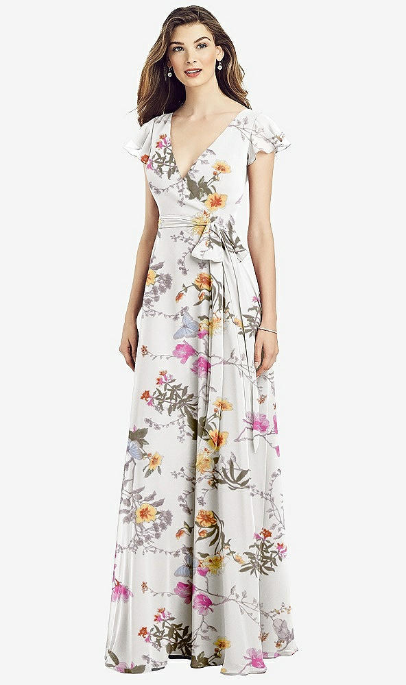 【STYLE: 6817】Flutter Sleeve Faux Wrap Chiffon Dress【COLOR: Butterfly Botanica Ivory】