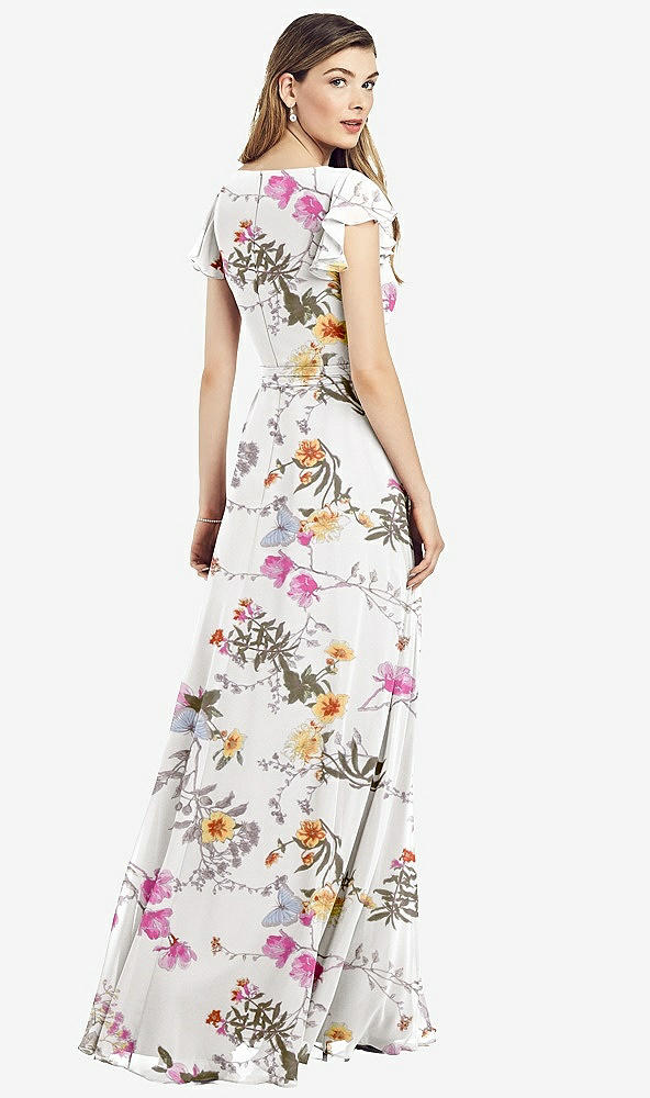 【STYLE: 6817】Flutter Sleeve Faux Wrap Chiffon Dress【COLOR: Butterfly Botanica Ivory】