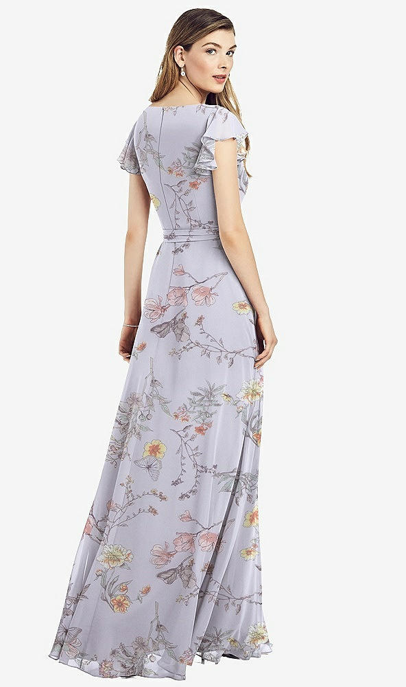 【STYLE: 6817】Flutter Sleeve Faux Wrap Chiffon Dress【COLOR: Butterfly Botanica Silver Dove】