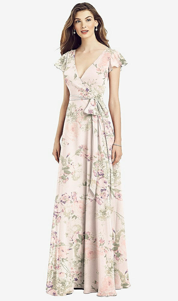 【NEW】【STYLE: 6817】フラッター 袖 フェイク ラップ シフォン ドレス【COLOR: Blush Garden】【SIZE: 00-30W】