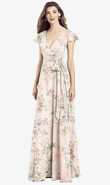 【NEW】【STYLE: 6817】フラッター 袖 フェイク ラップ シフォン ドレス【COLOR: Blush Garden】【SIZE: 00-30W】