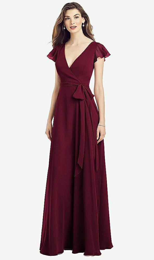 【NEW】【STYLE: 6817】フラッター 袖 フェイク ラップ シフォン ドレス【COLOR: Cabernet】【SIZE: 00-30W】