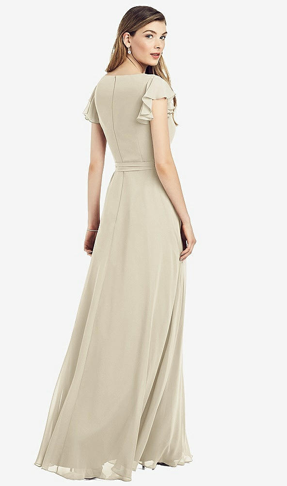 【STYLE: 6817】Flutter Sleeve Faux Wrap Chiffon Dress【COLOR: Champagne】