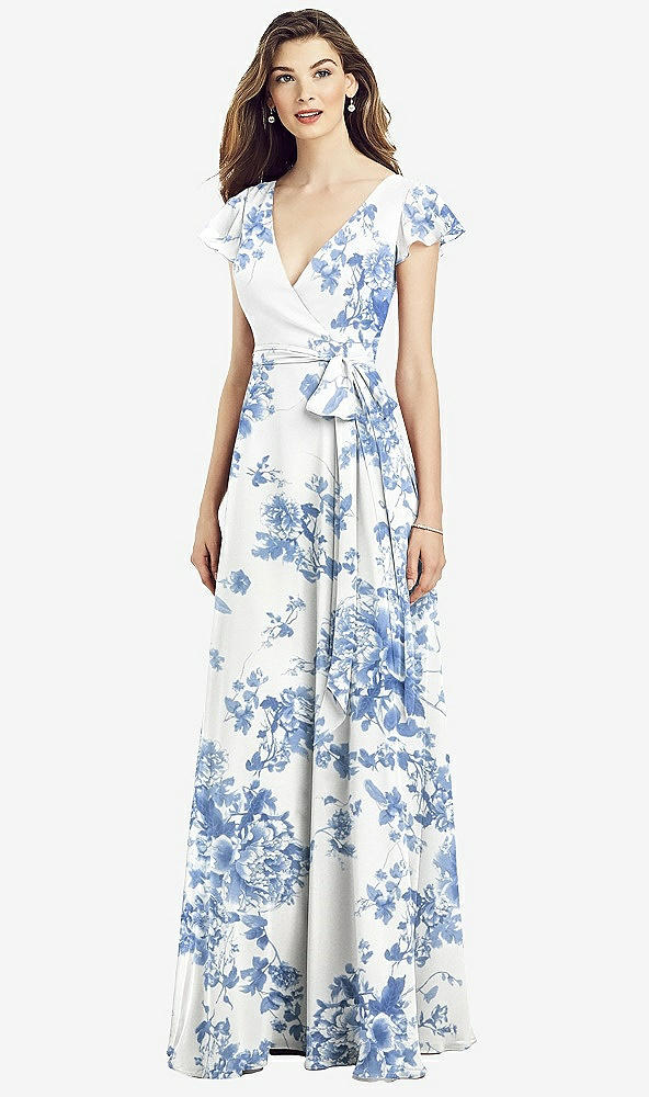 【STYLE: 6817】Flutter Sleeve Faux Wrap Chiffon Dress【COLOR: Cottage Rose Dusk Blue】