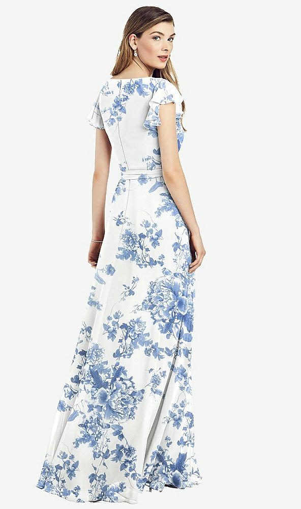 【STYLE: 6817】Flutter Sleeve Faux Wrap Chiffon Dress【COLOR: Cottage Rose Dusk Blue】