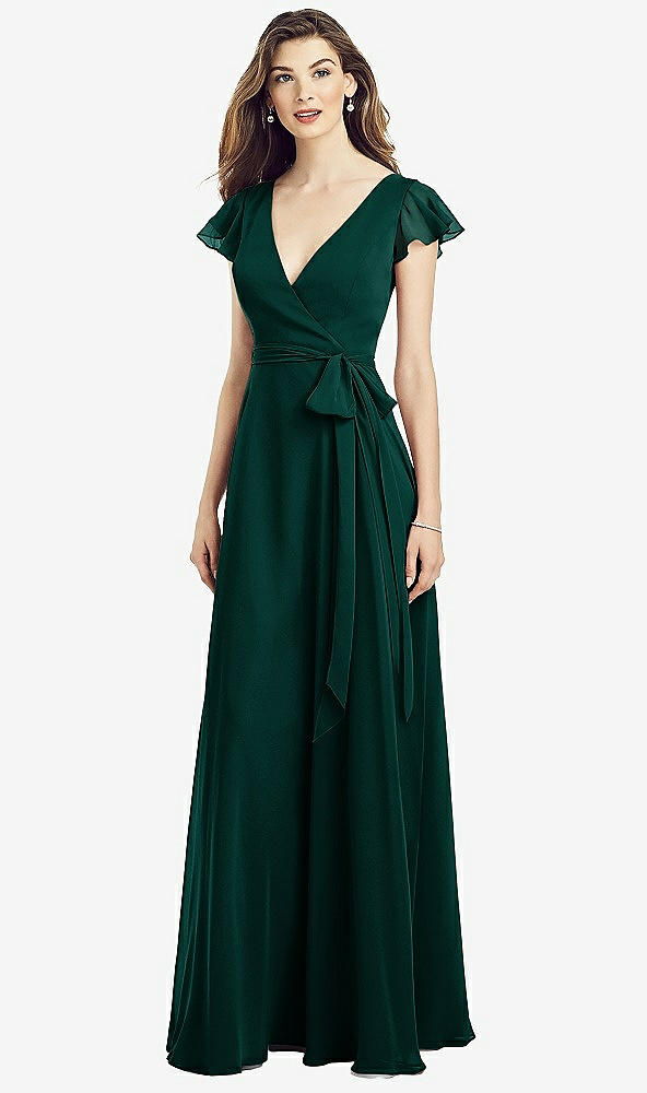 【STYLE: 6817】Flutter Sleeve Faux Wrap Chiffon Dress【COLOR: Evergreen】