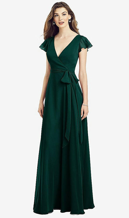 【STYLE: 6817】Flutter Sleeve Faux Wrap Chiffon Dress【COLOR: Evergreen】