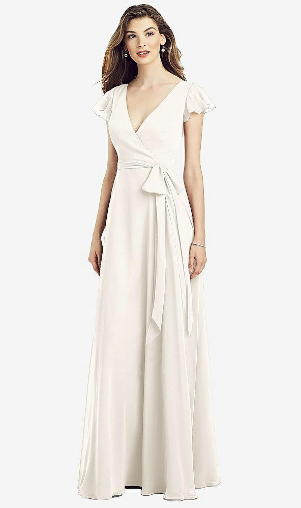 【STYLE: 6817】Flutter Sleeve Faux Wrap Chiffon Dress【COLOR: Ivory】