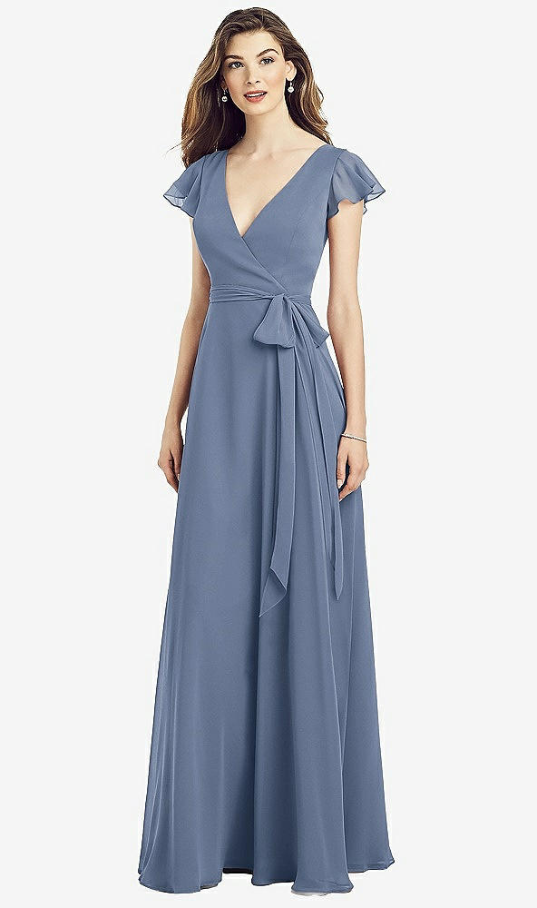 【NEW】【STYLE: 6817】フラッター 袖 フェイク ラップ シフォン ドレス【COLOR: Larkspur Blue】【SIZE: 00-30W】