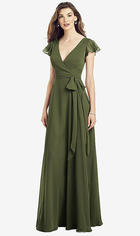 【STYLE: 6817】Flutter Sleeve Faux Wrap Chiffon Dress【COLOR: Olive Green】