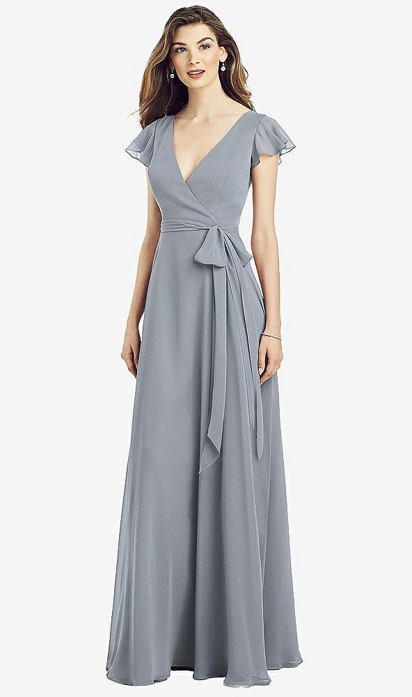 【NEW】【STYLE: 6817】フラッター 袖 フェイク ラップ シフォン ドレス【COLOR: Platinum】【SIZE: 00-30W】