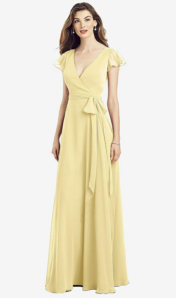 【NEW】【STYLE: 6817】フラッター 袖 フェイク ラップ シフォン ドレス【COLOR: Pale Yellow】【SIZE: 00-30W】