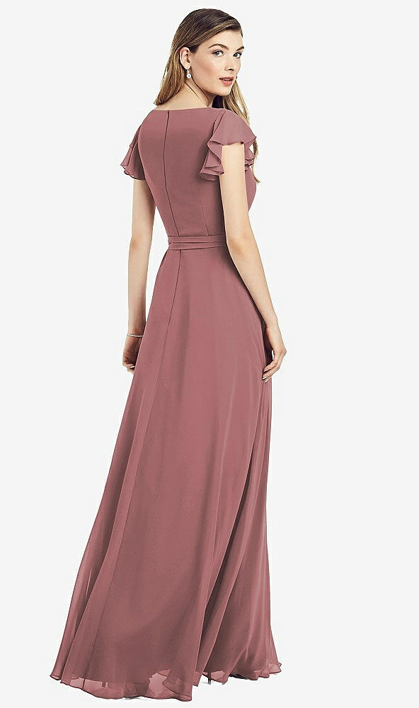 【STYLE: 6817】Flutter Sleeve Faux Wrap Chiffon Dress【COLOR: Rosewood】