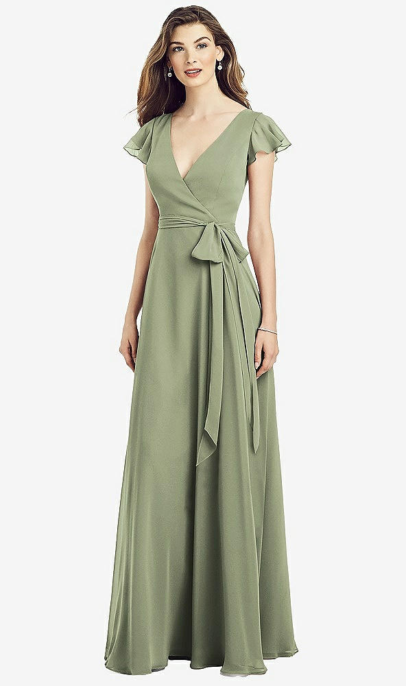 【NEW】【STYLE: 6817】フラッター 袖 フェイク ラップ シフォン ドレス【COLOR: Sage】【SIZE: 00-30W】
