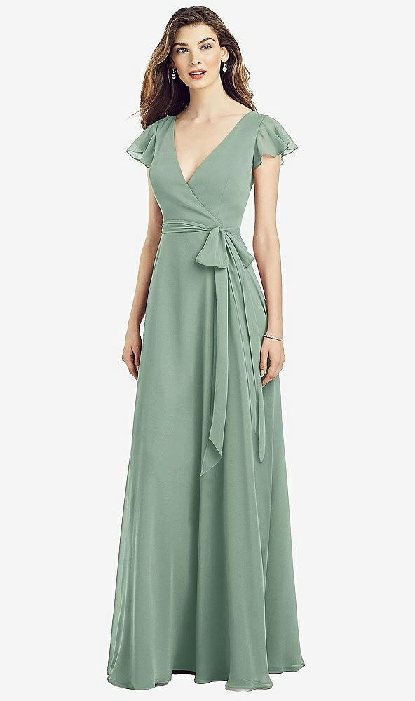 【STYLE: 6817】Flutter Sleeve Faux Wrap Chiffon Dress【COLOR: Seagrass】