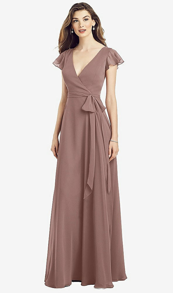 【STYLE: 6817】Flutter Sleeve Faux Wrap Chiffon Dress【COLOR: Sienna】