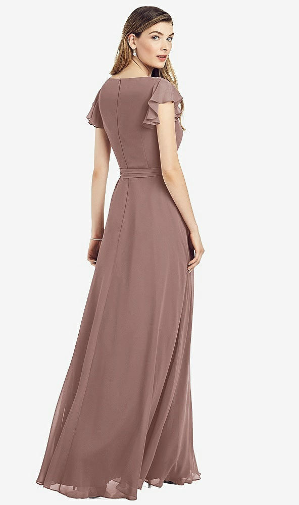 【STYLE: 6817】Flutter Sleeve Faux Wrap Chiffon Dress【COLOR: Sienna】
