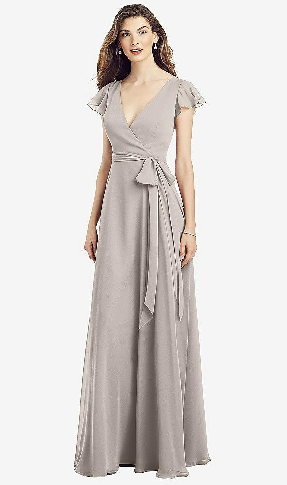 【NEW】【STYLE: 6817】フラッター 袖 フェイク ラップ シフォン ドレス【COLOR: Taupe】【SIZE: 00-30W】