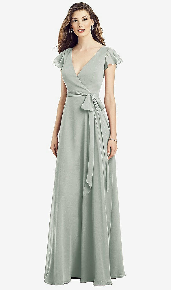 【STYLE: 6817】Flutter Sleeve Faux Wrap Chiffon Dress【COLOR: Willow Green】