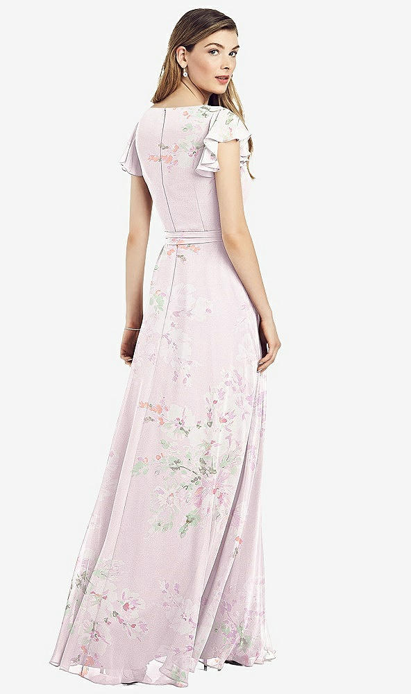 【STYLE: 6817】Flutter Sleeve Faux Wrap Chiffon Dress【COLOR: Watercolor Print】