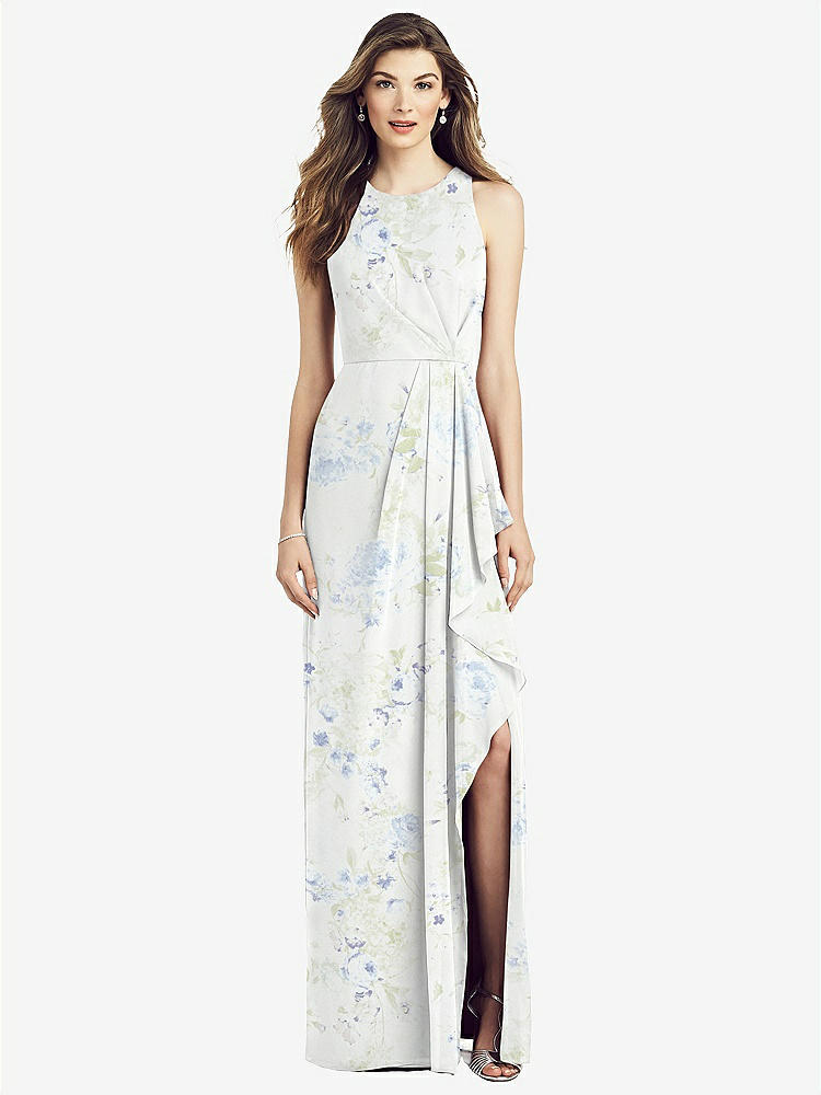 【STYLE: 6818】Sleeveless Chiffon Dress with Draped Front Slit【COLOR: Bleu Garden】