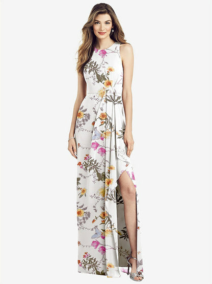 【NEW】【STYLE: 6818】ノースリーブ シフォン ドレス ドレープ フロント スリット【COLOR: Butterfly Botanica Ivory】【SIZE: 00-30W】