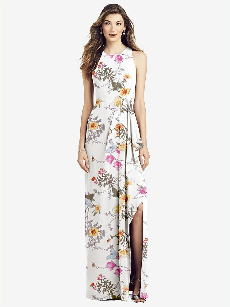 【STYLE: 6818】Sleeveless Chiffon Dress with Draped Front Slit【COLOR: Butterfly Botanica Ivory】