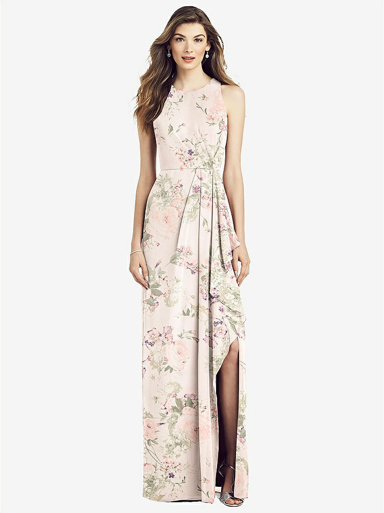 【STYLE: 6818】Sleeveless Chiffon Dress with Draped Front Slit【COLOR: Blush Garden】