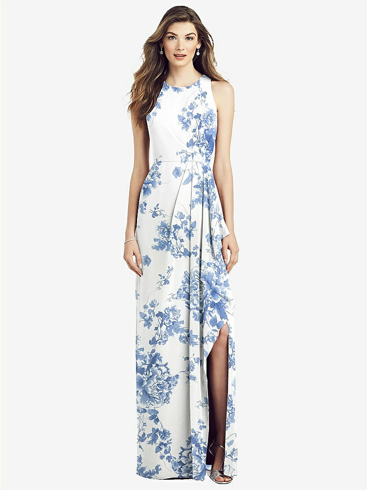 【STYLE: 6818】Sleeveless Chiffon Dress with Draped Front Slit【COLOR: Cottage Rose Dusk Blue】