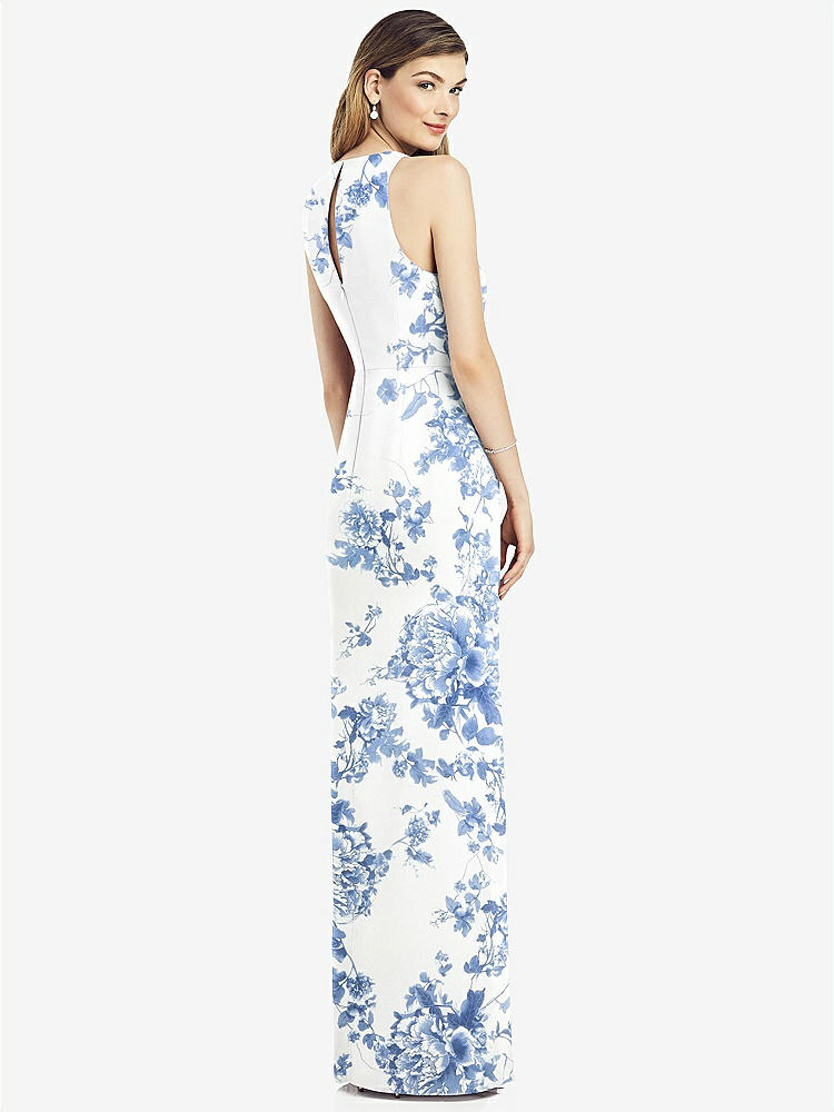 【STYLE: 6818】Sleeveless Chiffon Dress with Draped Front Slit【COLOR: Cottage Rose Dusk Blue】