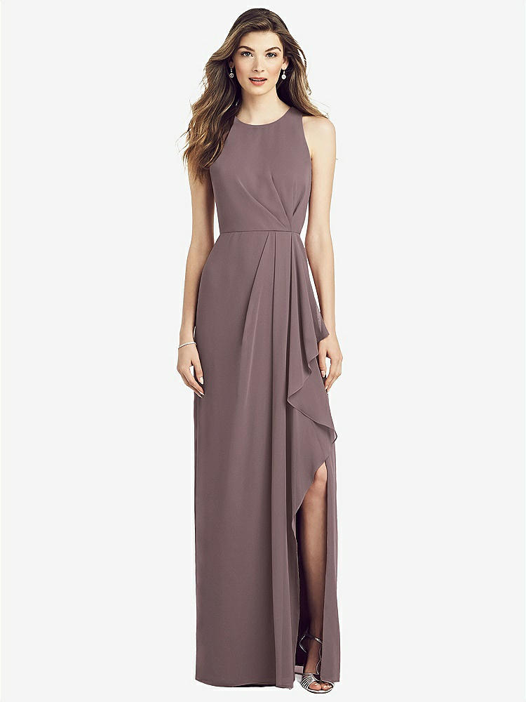 【STYLE: 6818】Sleeveless Chiffon Dress with Draped Front Slit【COLOR: French Truffle】