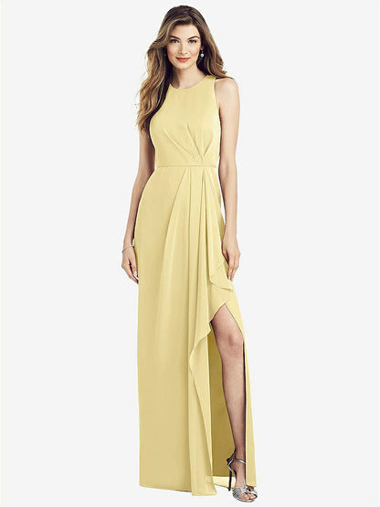 【NEW】【STYLE: 6818】ノースリーブ シフォン ドレス ドレープ フロント スリット【COLOR: Pale Yellow】【SIZE: 00-30W】