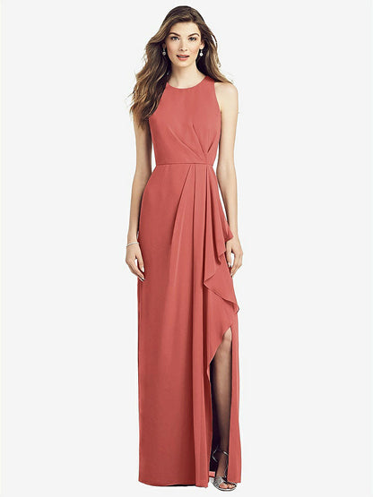 【NEW】【STYLE: 6818】ノースリーブ シフォン ドレス ドレープ フロント スリット【COLOR: Coral Pink】【SIZE: 00-30W】