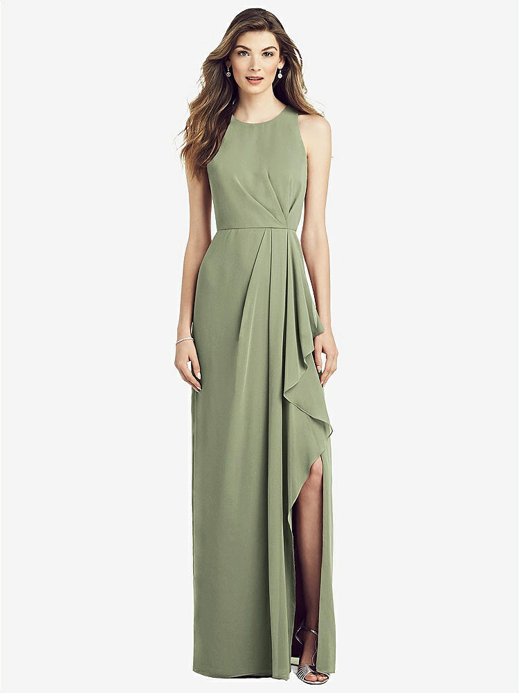 【STYLE: 6818】Sleeveless Chiffon Dress with Draped Front Slit【COLOR: Sage】