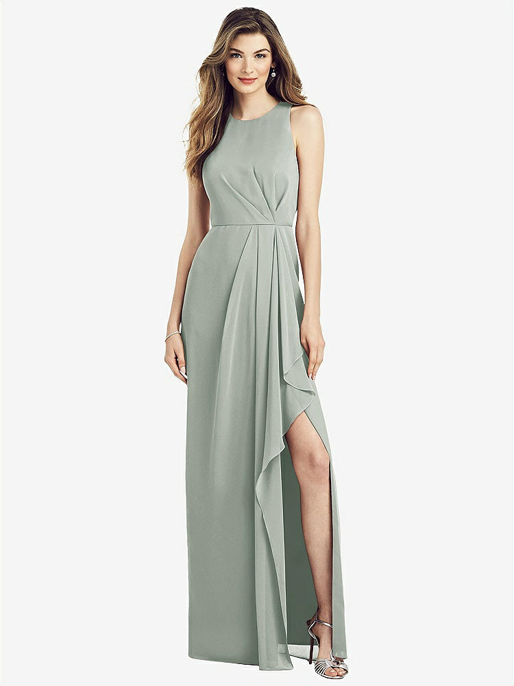 【STYLE: 6818】Sleeveless Chiffon Dress with Draped Front Slit【COLOR: Willow Green】