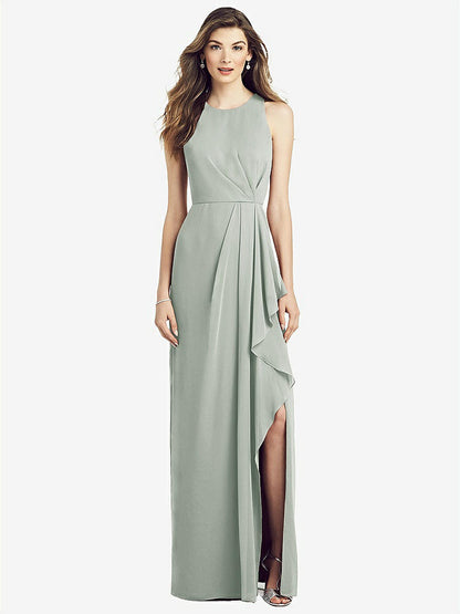 【STYLE: 6818】Sleeveless Chiffon Dress with Draped Front Slit【COLOR: Willow Green】