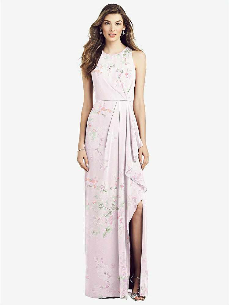 【STYLE: 6818】Sleeveless Chiffon Dress with Draped Front Slit【COLOR: Watercolor Print】