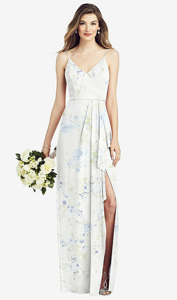 【STYLE: 6820】Spaghetti Strap Draped Skirt Gown with Front Slit【COLOR: Bleu Garden】