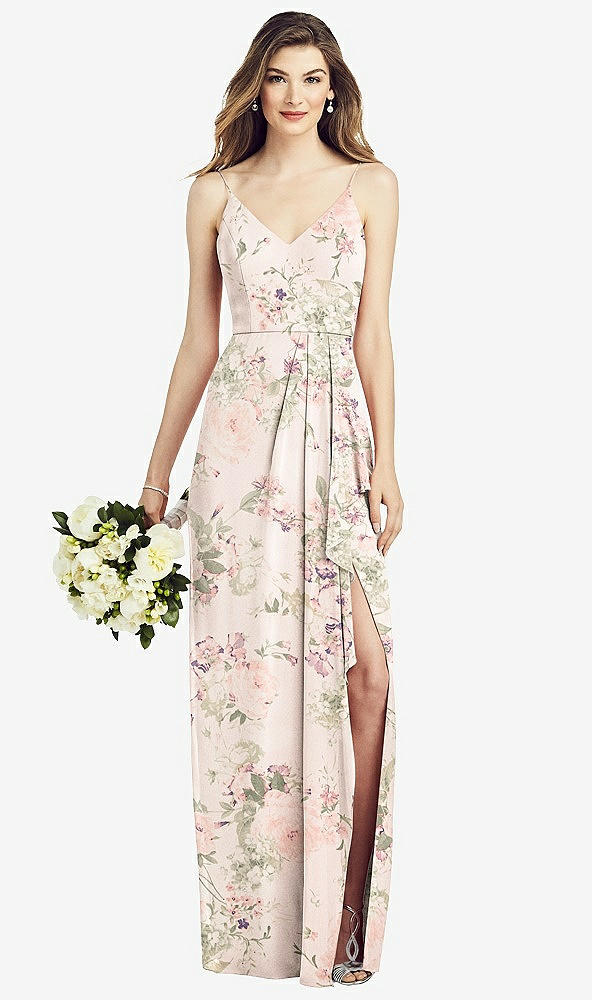 【STYLE: 6820】Spaghetti Strap Draped Skirt Gown with Front Slit【COLOR: Blush Garden】