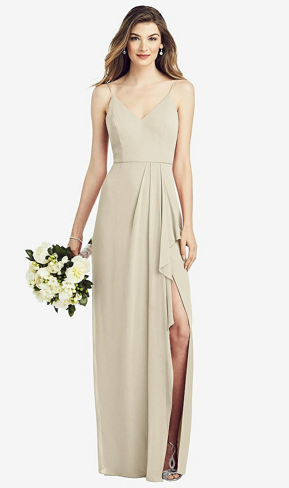 【STYLE: 6820】Spaghetti Strap Draped Skirt Gown with Front Slit【COLOR: Champagne】