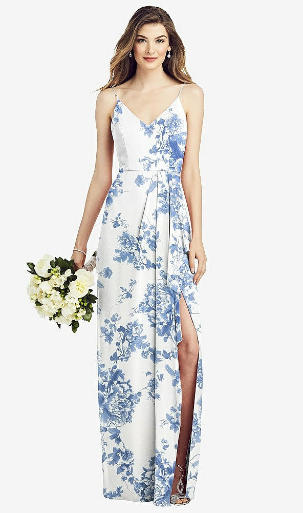 【STYLE: 6820】Spaghetti Strap Draped Skirt Gown with Front Slit【COLOR: Cottage Rose Dusk Blue】
