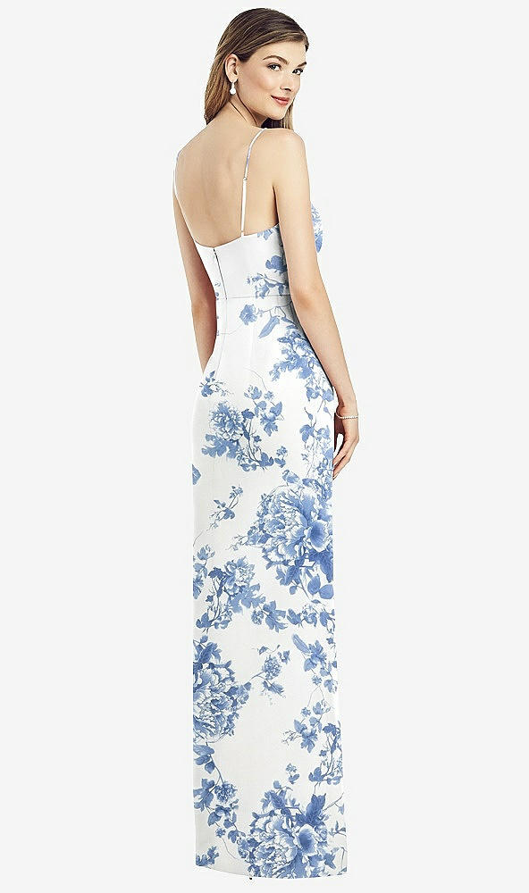 【STYLE: 6820】Spaghetti Strap Draped Skirt Gown with Front Slit【COLOR: Cottage Rose Dusk Blue】