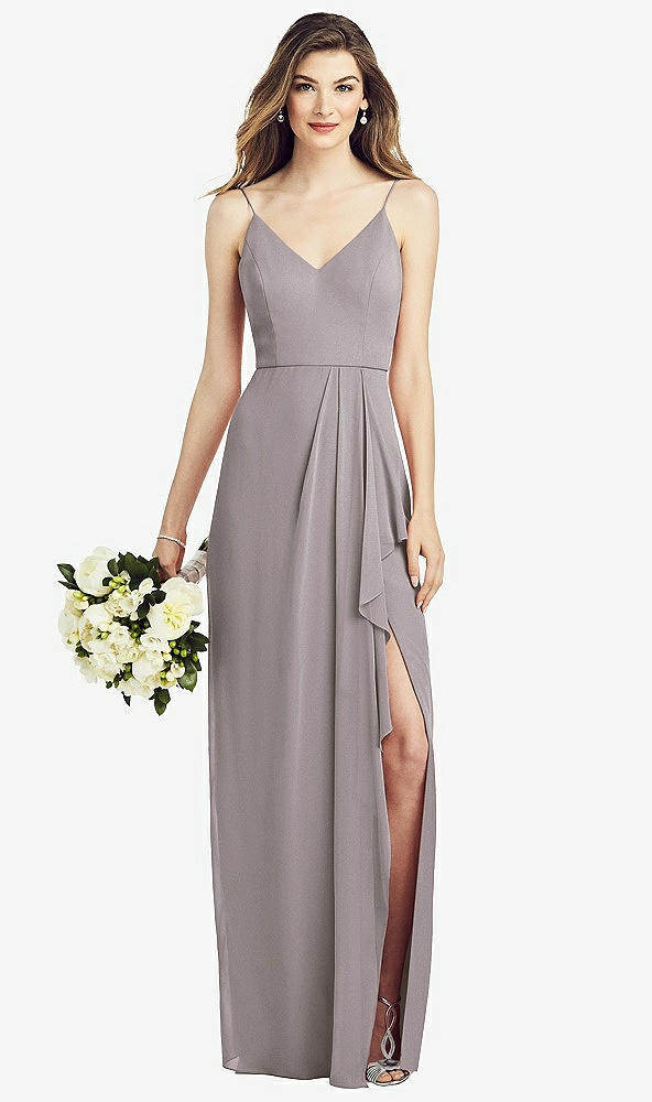 【NEW】【STYLE: 6820】スパゲッティ ストラップ ドレープ スカート ガウン 前面 スリット【COLOR: Cashmere Gray】【SIZE: 00-30W】