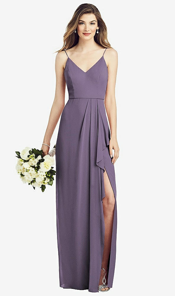 【NEW】【STYLE: 6820】スパゲッティ ストラップ ドレープ スカート ガウン 前面 スリット【COLOR: Lavender】【SIZE: 00-30W】