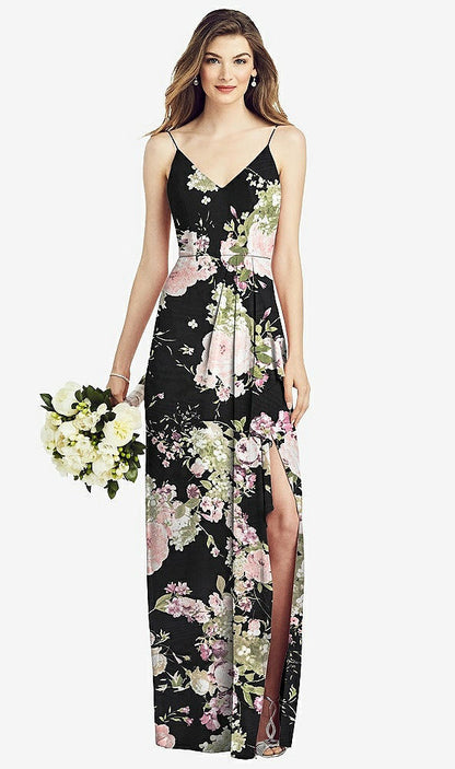 【NEW】【STYLE: 6820】スパゲッティ ストラップ ドレープ スカート ガウン 前面 スリット【COLOR: Noir Garden】【SIZE: 00-30W】