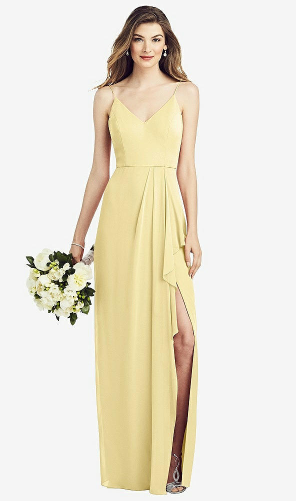 【NEW】【STYLE: 6820】スパゲッティ ストラップ ドレープ スカート ガウン 前面 スリット【COLOR: Pale Yellow】【SIZE: 00-30W】